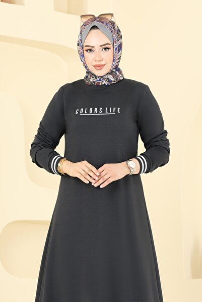 ModaMerve Yazı Baskılı Tesettür Elbise 4108PM271-MS Antrasit