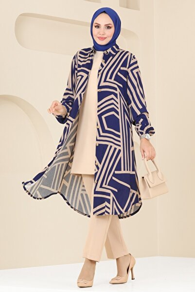 ModaMerve Geometrik Desen Viskon Tunik 0173BG354-MS İndigo&Vizyon