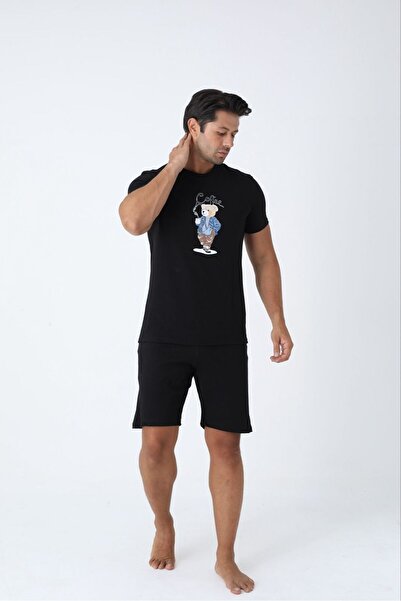 PİJART Černá bavlněná pletená pánská pyžamová souprava s kraťasy