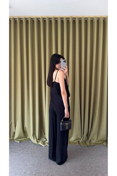 HAZELANNA Linen Strap Blouse-Pants Black Set