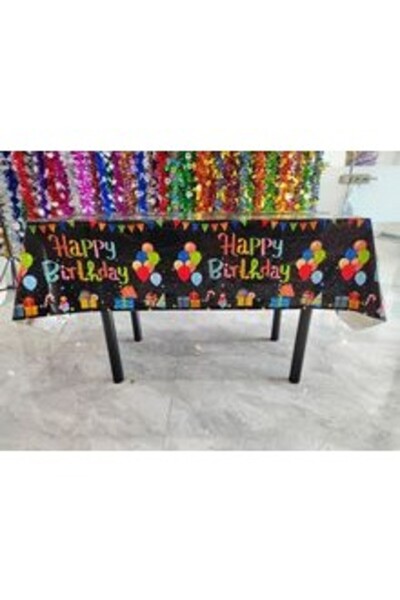 Flippy Foil Tablecloth, "Happy Birthday" Balloon Print, 137 x 183 cm, Black