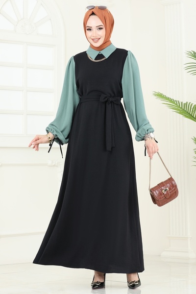 ModaMerve Aerobin Dress with Lace-Up Sleeves 555S324-Ms Black&Mint
