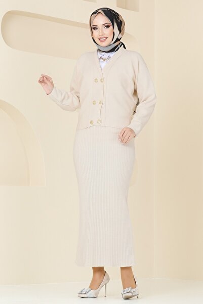 ModaMerve Front Button Cardigan Dress 725Mt581-Ms Stone