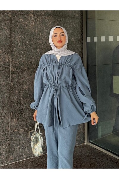 Vİ&FA BUTİK Women's Gathered Detailed Belted Trousers Suit Blue