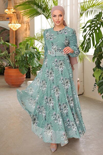 ModaMerve Desenli Kemerli Şifon Elbise 5206AL357-MS Mint