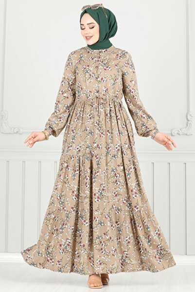ModaMerve Çiçek Desen Tesettür Elbise 7122BG354-MS Koyu Vizyon