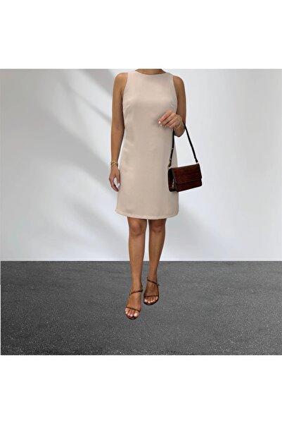 ABAS Cream Lightweight Halter Neck Sleeveless Crepe Fabric Lined Short Dress