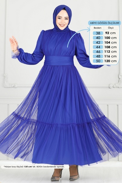 ModaMerve Manşeti Lastikli Tül Abiye 5684EDF311-MS Saks