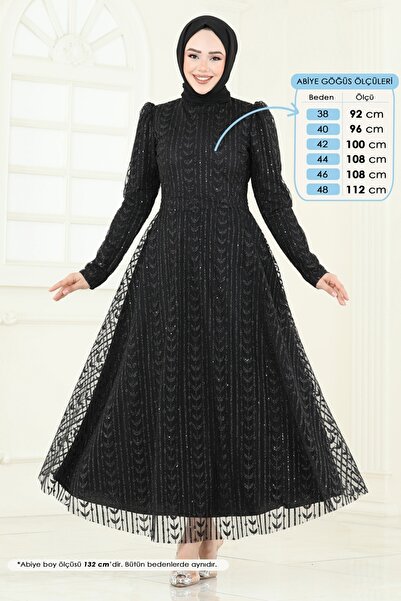 ModaMerve Simli Tül Tesettür Abiye 5688EDF311-MS Siyah