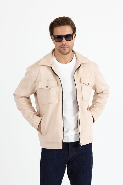 GEİO Men's Regular Fit Collar Zippered Lined Nubuck Jacket