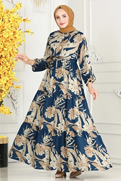 ModaMerve Waist Tunnelled Viscose Dress 7119Bg354-Ms Petrol