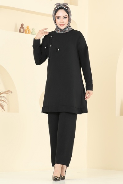 ModaMerve Boncuk Detaylı Tesettür Takım 6013UZ662-MS Siyah