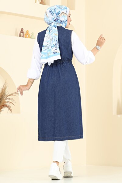 ModaMerve Beli Bağcıklı Kot Yelek 9156PLK541-MS Koyu Kot