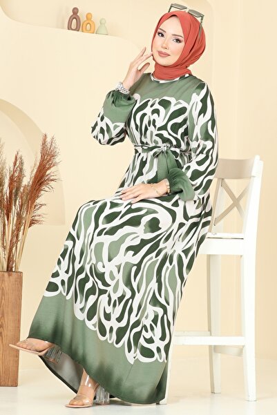 ModaMerve Patterned Dress with Elastic Waist 7127Bg354-Ms Khaki