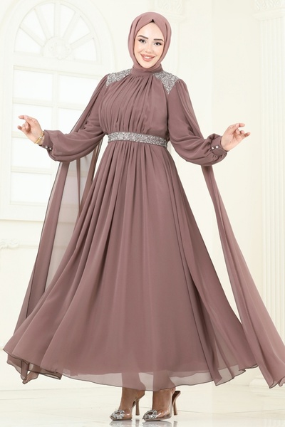ModaMerve Pelerinli Şifon Abiye 7101AB368-MS Pudra Vizyon