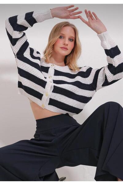 Paydey Cardigan tricotat cu detaliu cu nasturi aurii guler rotund cu dungi negre