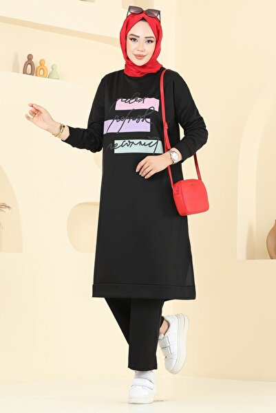 ModaMerve Yazı Baskılı Spor Takım 6038UZ662-MS Siyah