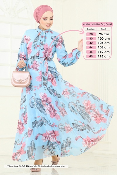 ModaMerve Chiffon Dress with Scarf Collar 5188Al357-Ms Blue