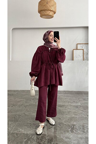Vİ&FA BUTİK Women's Gathered Detailed Belted Trousers Suit Burgundy