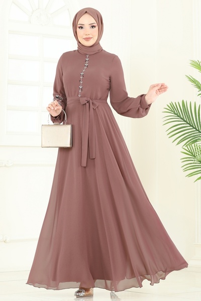 ModaMerve Embroidery Embroidered Chiffon Dress 8022Ab368-Ms Powder Vision