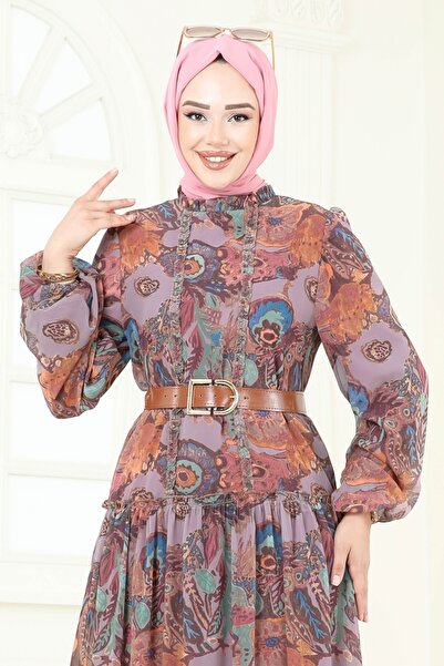 ModaMerve Desenli Şifon Elbise 5307AL357-MS Lila
