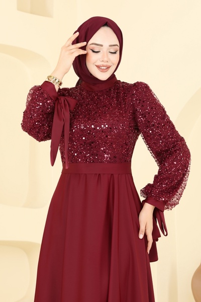 ModaMerve Pul İşlemeli Saten Abiye 5670EDF311-MS Bordo