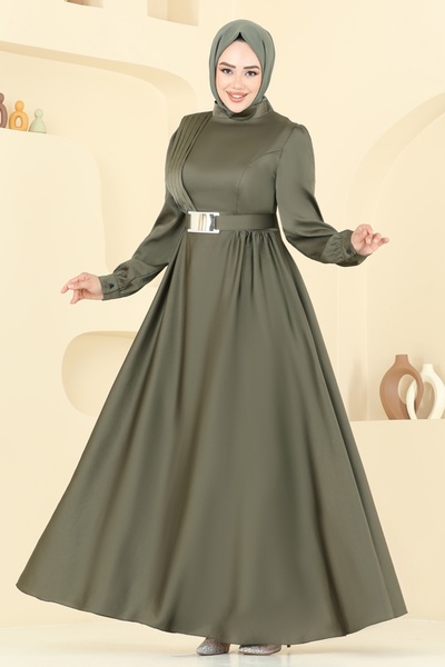 ModaMerve Kemeri Tokalı Saten Abiye 5695EDF311-MS Haki