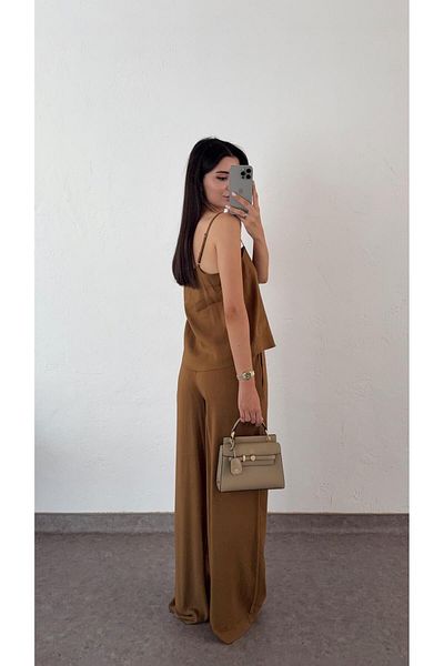 HAZELANNA Linen Strap Blouse-Pants Coffee Set