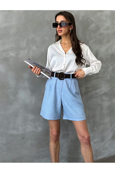 TOPSHOW Belt Detailed Linen Blend Shorts