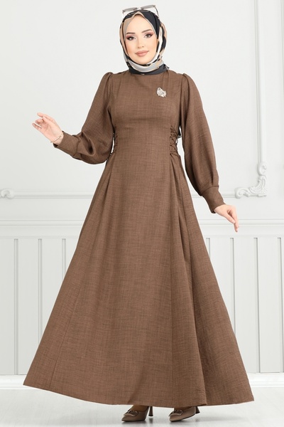 ModaMerve Side Lace Hijab Dress 5962Bsk463-Ms Light Brown
