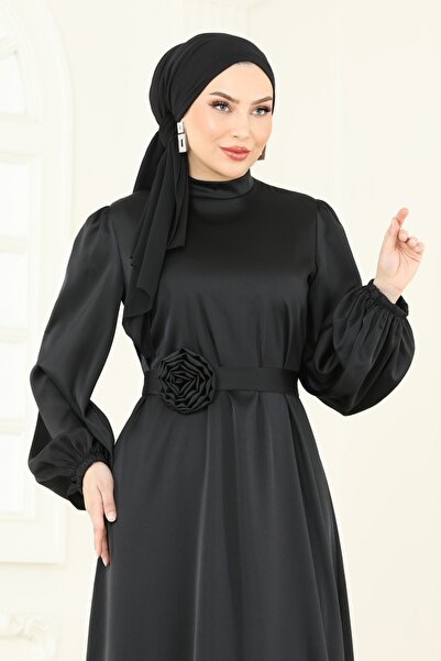 ModaMerve Kemeri Güllü Saten Abiye 5674EDF311-MS Siyah