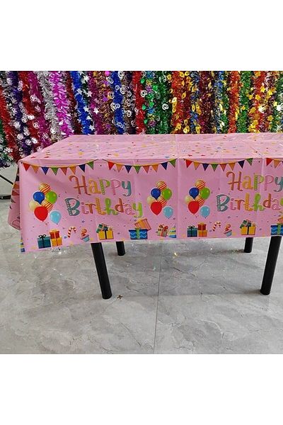 Teo Tablecloth, Foil, Happy Birthday with Balloons Print, 137 x 183 cm, Pink