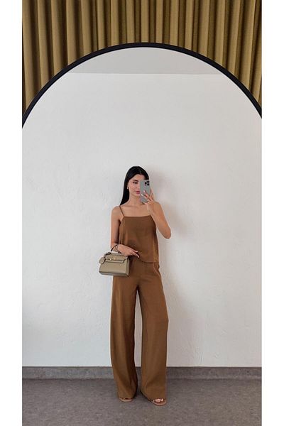 HAZELANNA Linen Strap Blouse-Pants Coffee Set