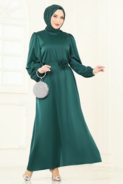 ModaMerve Kemeri Güllü Saten Abiye 5674EDF311-MS Zümrüt