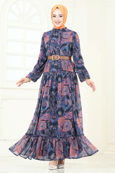 ModaMerve Patterned Chiffon Dress 5307Al357-Ms Orange