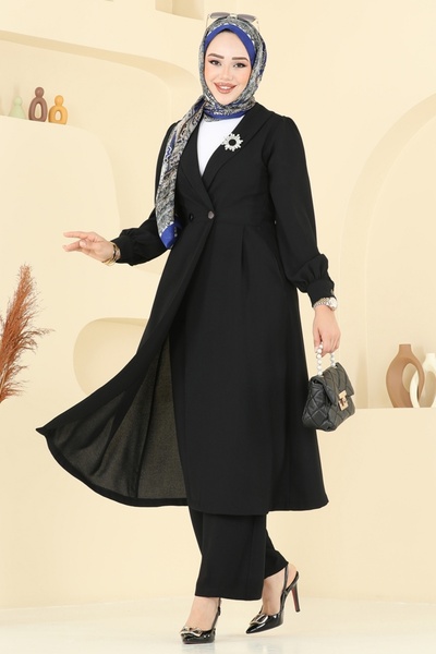 ModaMerve Kruvaze Yaka Krep Takım 6223BSK463-MS Siyah