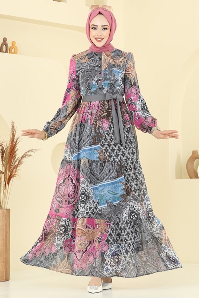 ModaMerve Ethnic Pattern Chiffon Dress 5297Al357-Ms Anthracite
