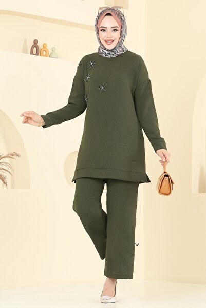 ModaMerve Boncuk Detaylı Tesettür Takım 6013UZ662-MS Haki