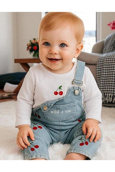 ALTINTAŞ BABY Cherry Embroidered Knitted Denim Fabric Salopet T-Shirt Summer Set of 2