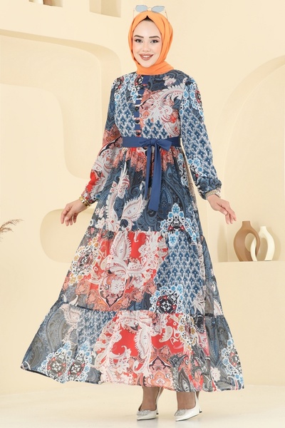 ModaMerve Ethnic Pattern Chiffon Dress 5297Al357-Ms Navy