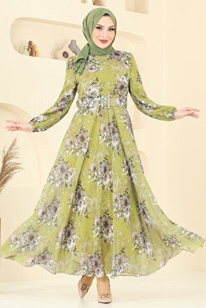 ModaMerve Patterned Belt Chiffon Dress 5206Al357-Ms Fat Green