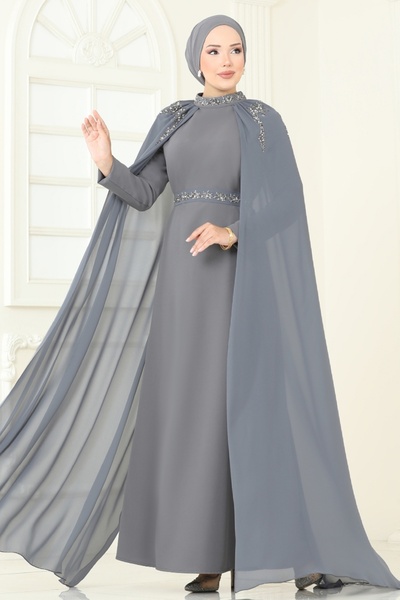 ModaMerve Taşlı Pelerinli Şifon Abiye 8073AB368-MS Koyu Gri
