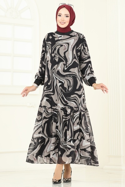 ModaMerve Ethnic Pattern Chiffon Dress 6071Uz662-Ms Pattern2 Vision&Black