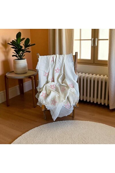 Organik Pamuklu Nakışlı 4 Katlı Müslin Bebek Battaniyesi