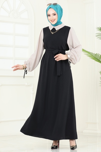 ModaMerve Aerobin Dress with Sleeves Lace-Up 555S324-Ms Black