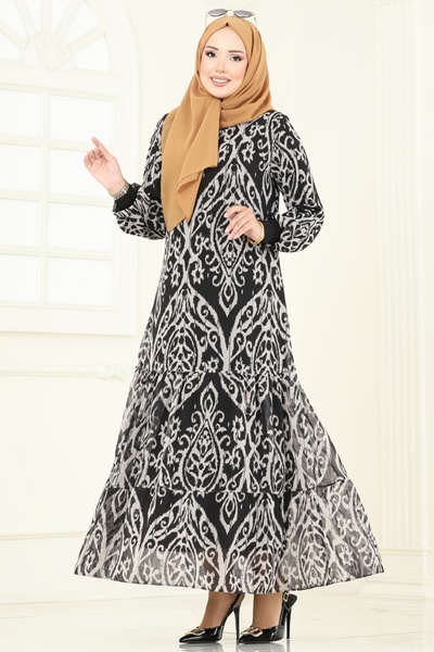 ModaMerve Ethnic Pattern Chiffon Dress 6071Uz662-Ms Pattern3 Vision&Black