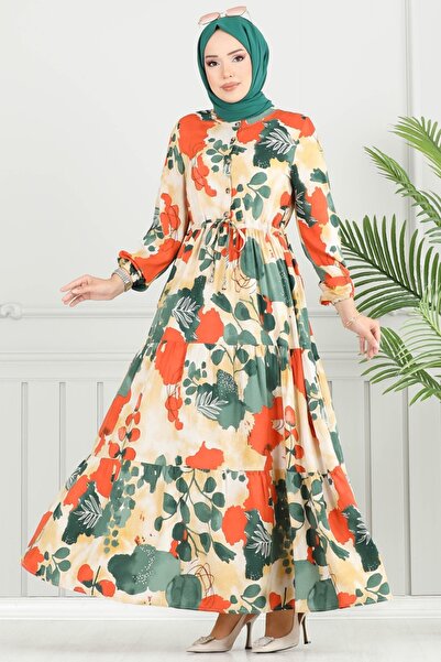 ModaMerve Beli Bağcıklı Viskon Elbise 7124BG354-MS Zümrüt