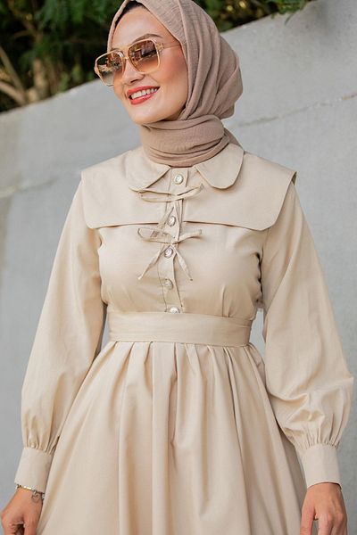 Tesettür Çarşım Ninna Collar Detail Cotton Dress-Beige