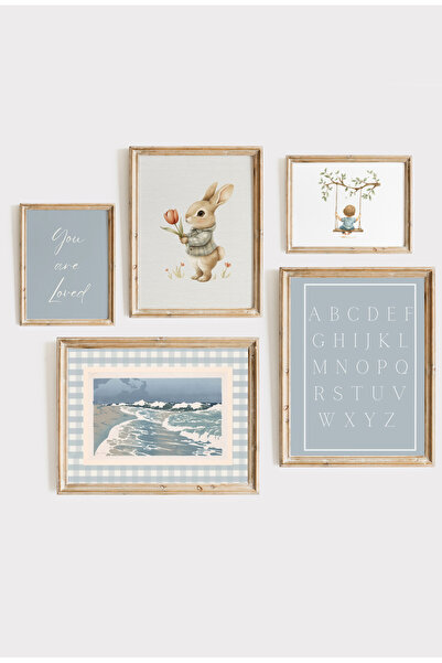 Kids Tavşan ve Alfabe Temalı Pstel Mavi Poster Seti – 5’li Vintage Çerçeve