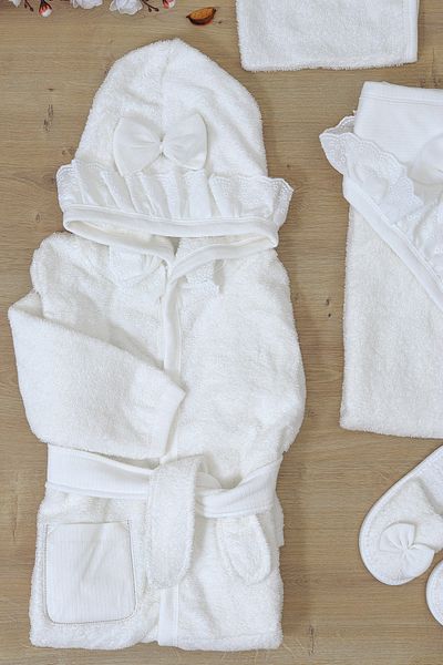 Sitilin Baby Girl Luxury White Bathrobe Set Towel Set 100% Cotton Fabric 0-2 Years Stl6771
